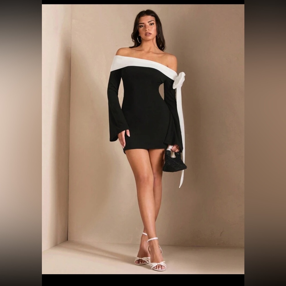 Black & White Bowknot Off-Shoulder Long Sleeve Mini Dress Size Medium NWT - Picture 5 of 10